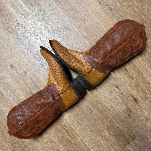 Tony Lama Peanut Brittle Full Quill Ostrich Round Toe Western Boots 9D Exotic - Picture 3 of 16